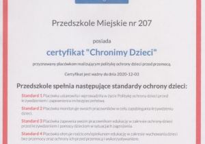 certyfikat Chronimy Dzieci - grudzień 2020